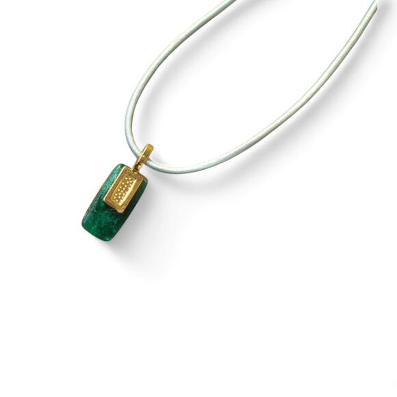 Aqua teal rectangular pendant with gold accents on leather metallic round cord. - Picture 6 of 7